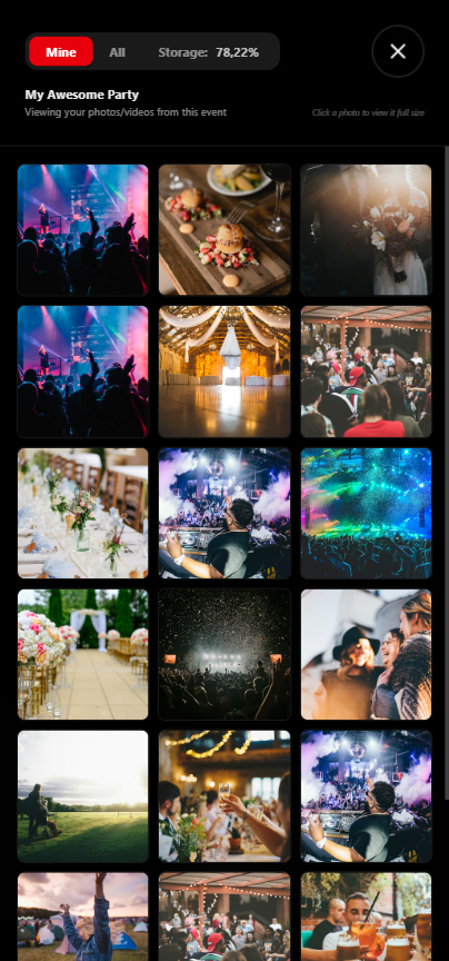 The eazy.photo guest gallery open on a phone, showing a grid of event photos that guests have uploaded