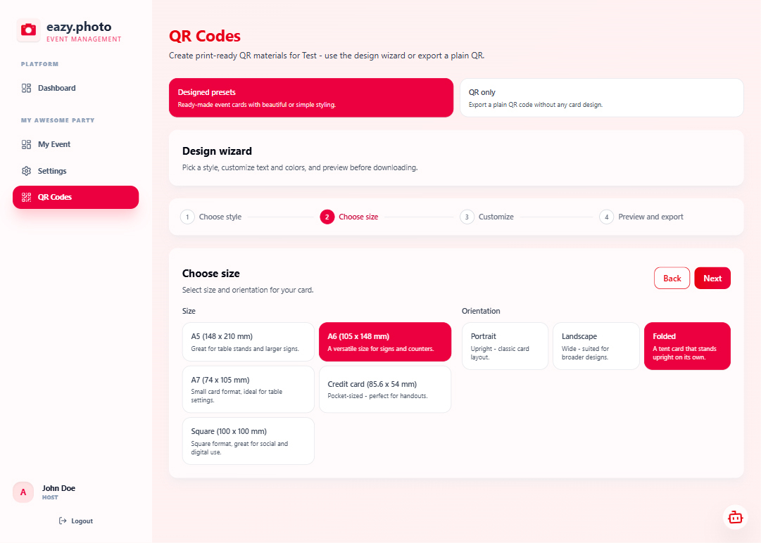 The eazy.photo QR Card Wizard showing a step-by-step interface for designing a printable QR card with a live preview